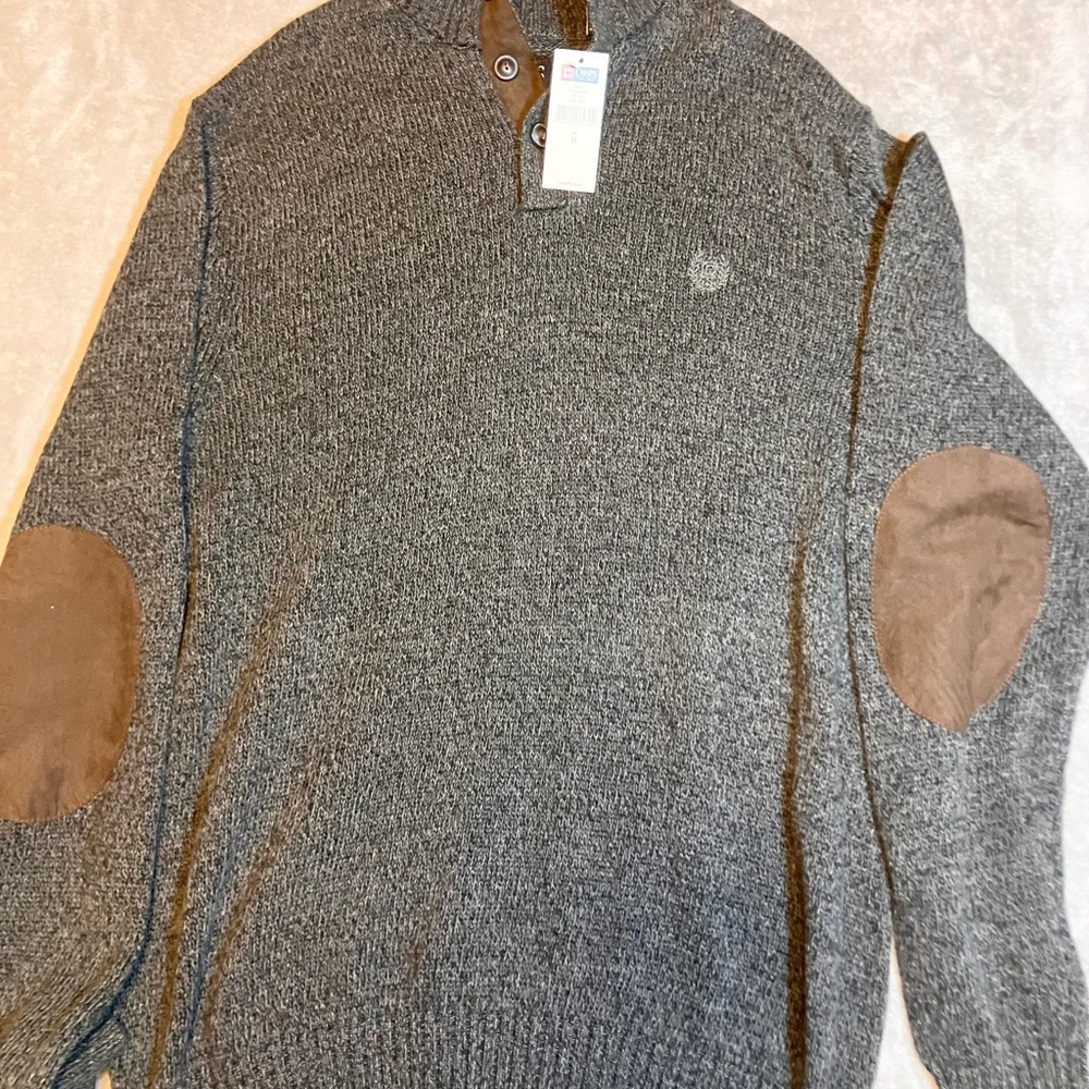 Chaps Gray Sweater M Cotton Brown Elbow Patches‎ NWT Academia Collegiate